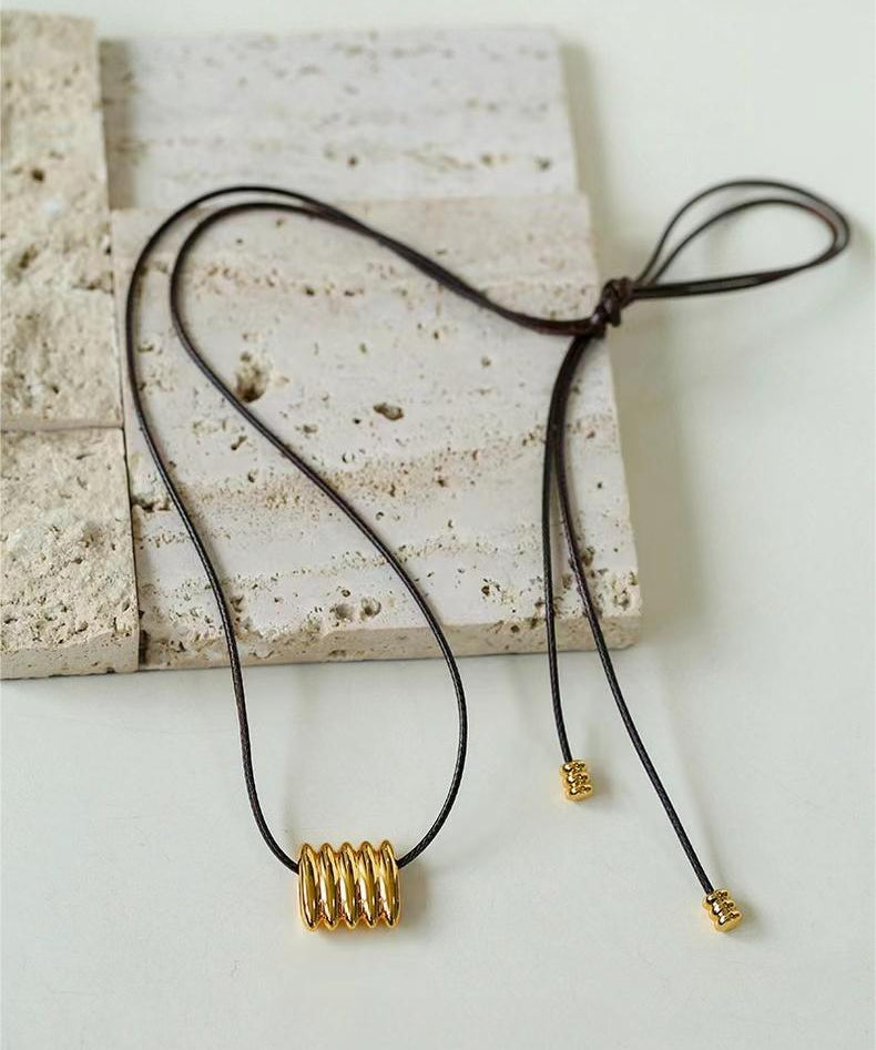 Long Black Leather Necklace with Striped Geometric Pendant - floysun