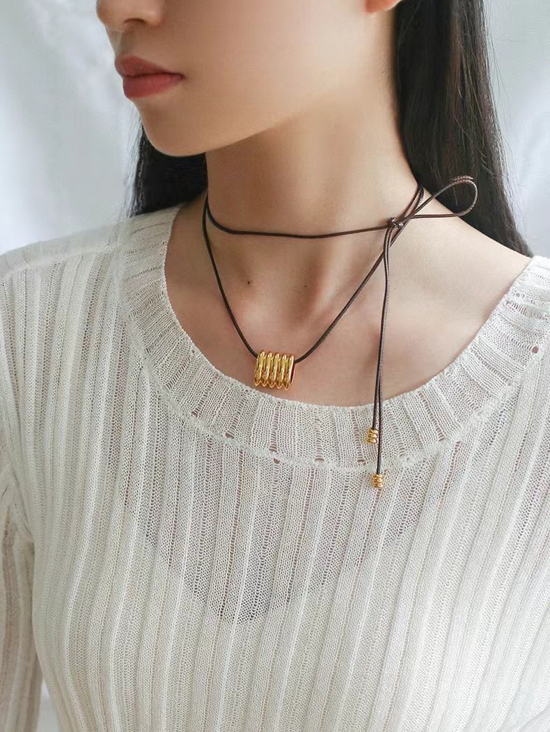 Long Black Leather Necklace with Striped Geometric Pendant - floysun