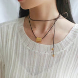 Long Black Leather Necklace with Striped Geometric Pendant - floysun