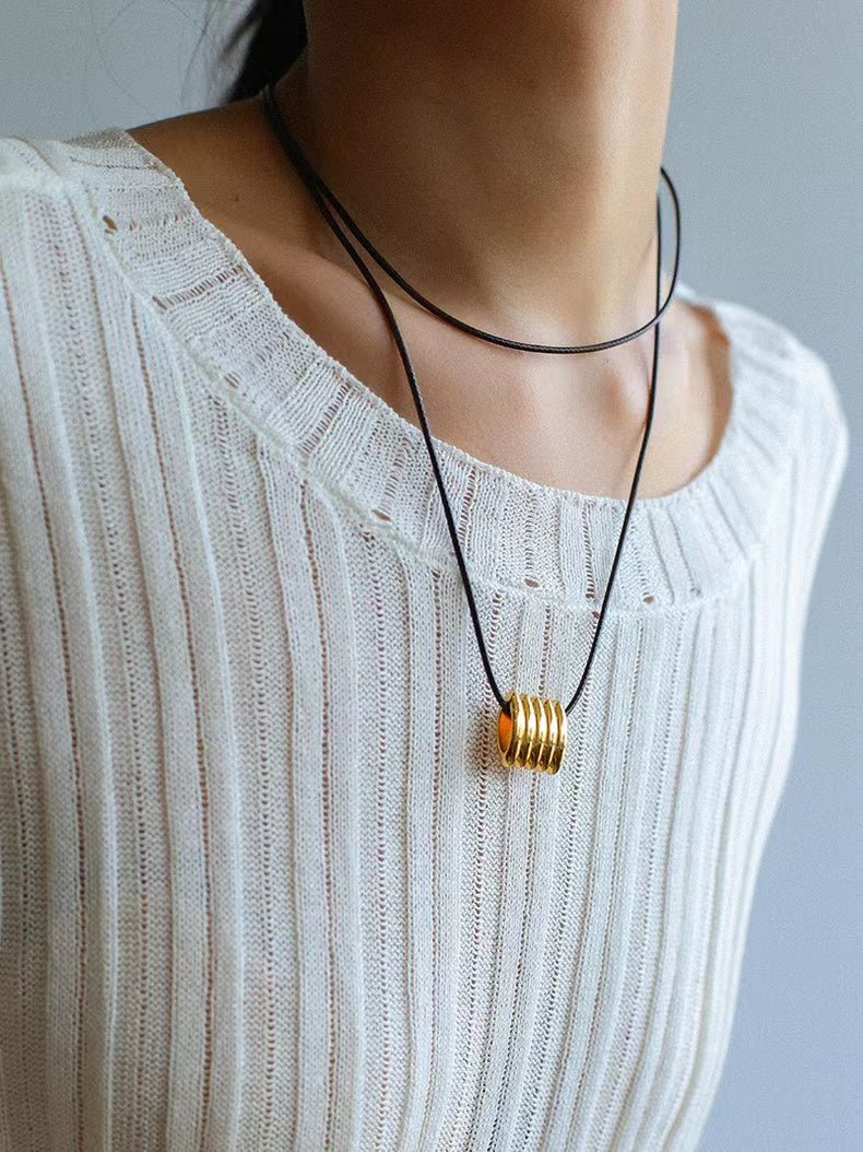 Long Black Leather Necklace with Striped Geometric Pendant - floysun