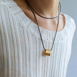 Long Black Leather Necklace with Striped Geometric Pendant - floysun