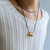 Long Black Leather Necklace with Striped Geometric Pendant - floysun