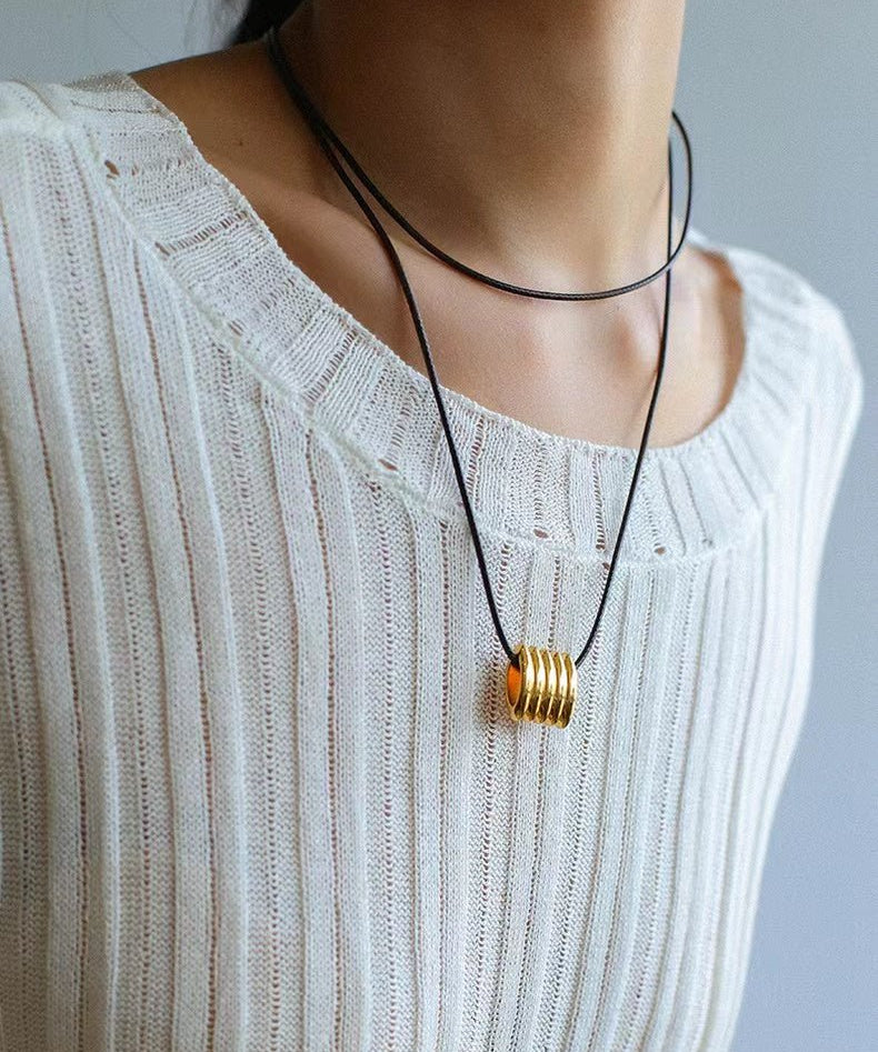 Long Black Leather Necklace with Striped Geometric Pendant - floysun