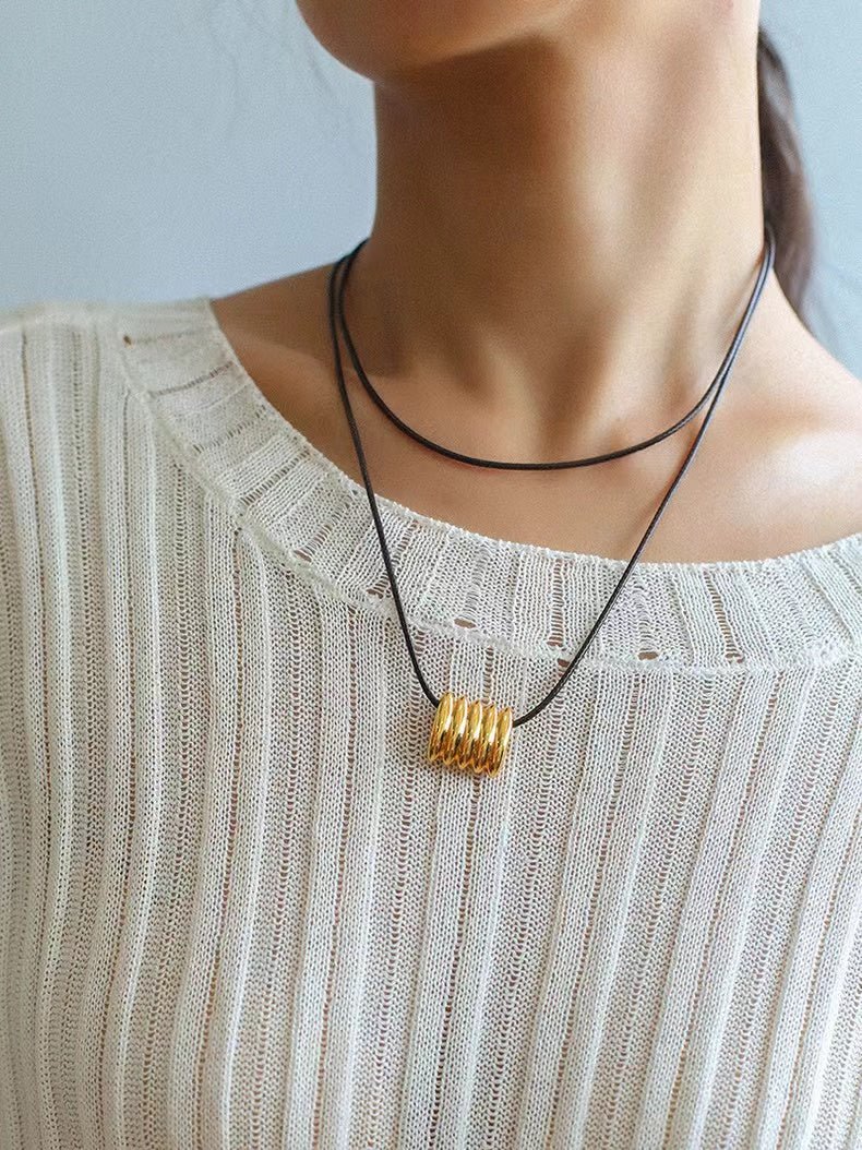 Long Black Leather Necklace with Striped Geometric Pendant - floysun