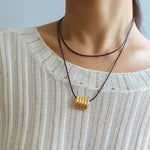 Long Black Leather Necklace with Striped Geometric Pendant - floysun