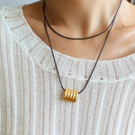 Long Black Leather Necklace with Striped Geometric Pendant - floysun