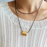 Long Black Leather Necklace with Striped Geometric Pendant - floysun