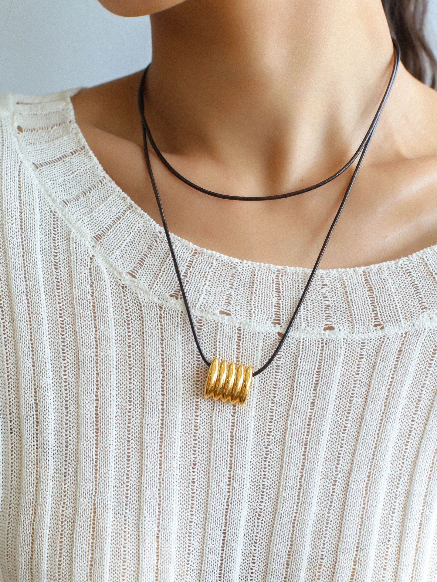 Long Black Leather Necklace with Striped Geometric Pendant - floysun