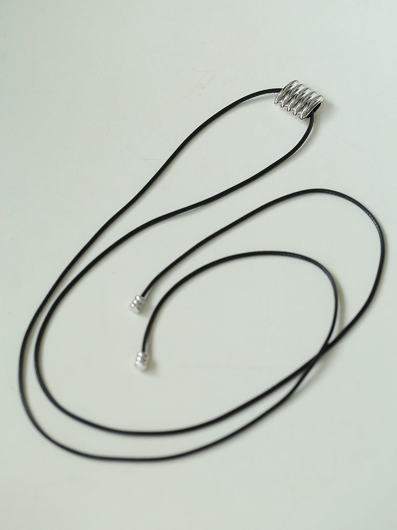 Long Black Leather Necklace with Striped Geometric Pendant - floysun