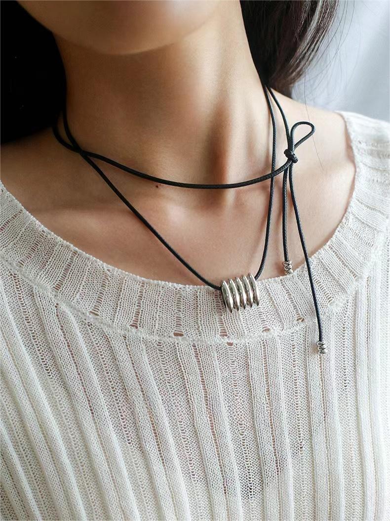 Long Black Leather Necklace with Striped Geometric Pendant - floysun