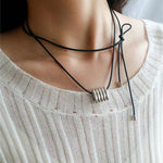 Long Black Leather Necklace with Striped Geometric Pendant - floysun