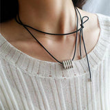 Long Black Leather Necklace with Striped Geometric Pendant - floysun