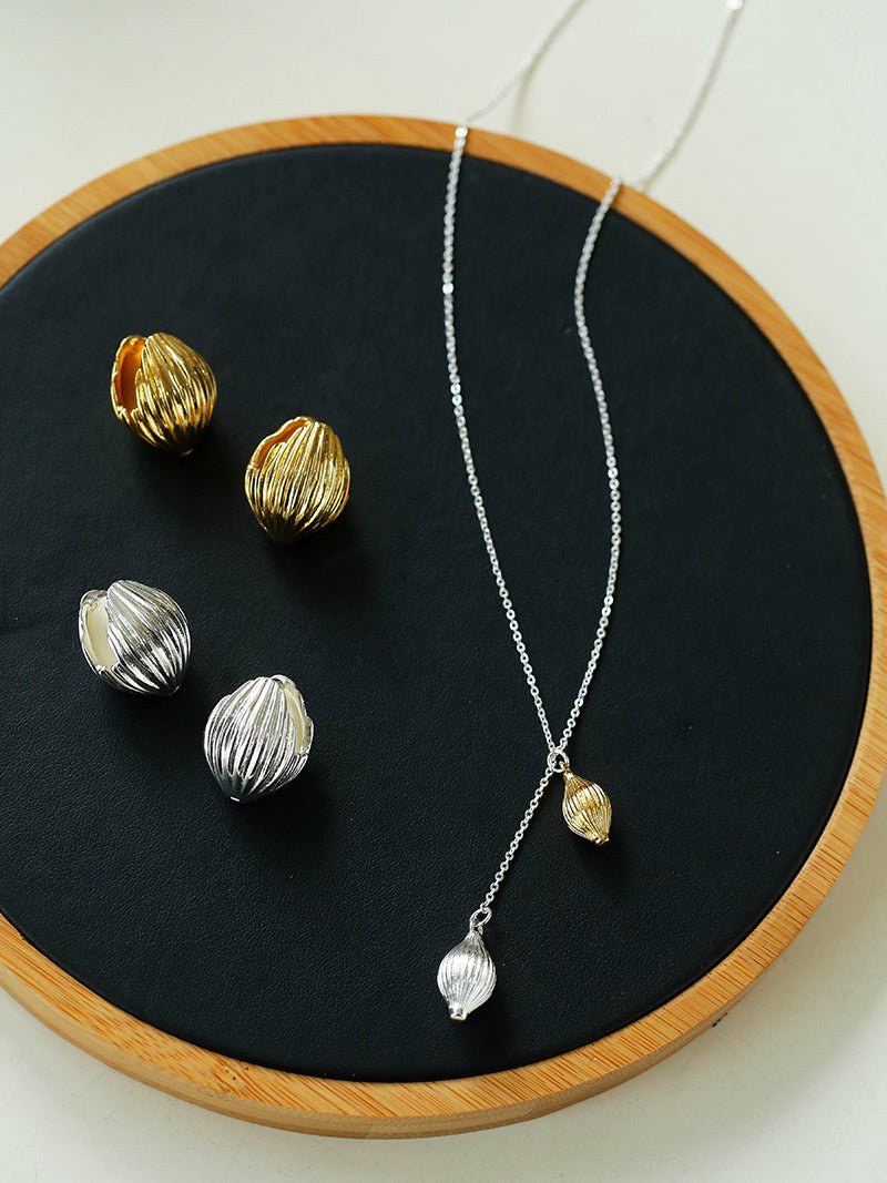 Long Gold and Silver Textured Seed Pendant Necklace - floysun