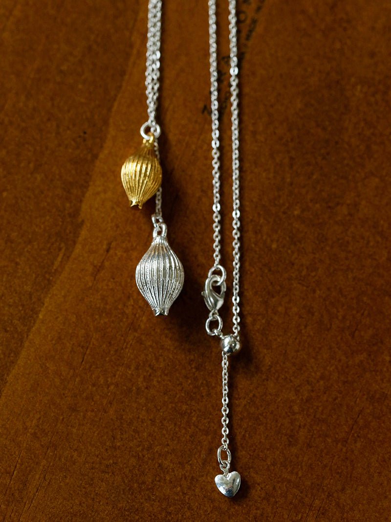 Long Gold and Silver Textured Seed Pendant Necklace - floysun