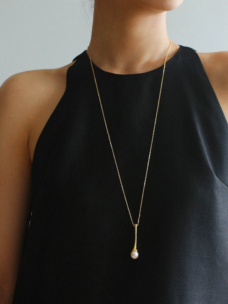 Long Minimalist Teardrop Pearl Pendant Necklace - floysun