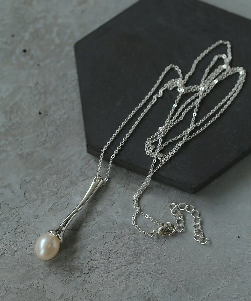 Long Minimalist Teardrop Pearl Pendant Necklace - floysun