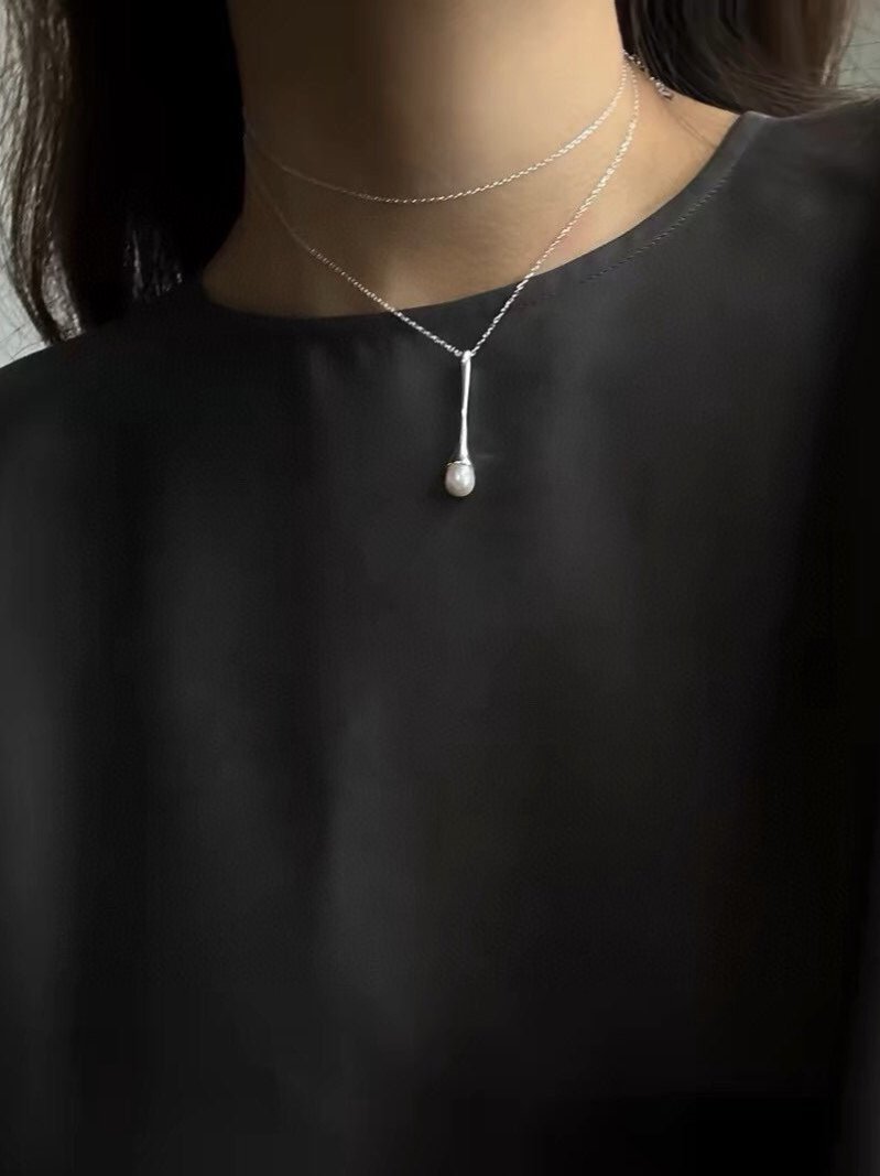 Long Minimalist Teardrop Pearl Pendant Necklace - floysun