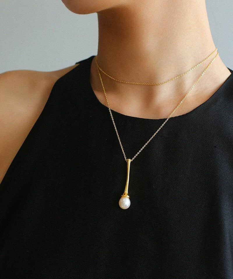 Long Minimalist Teardrop Pearl Pendant Necklace - floysun