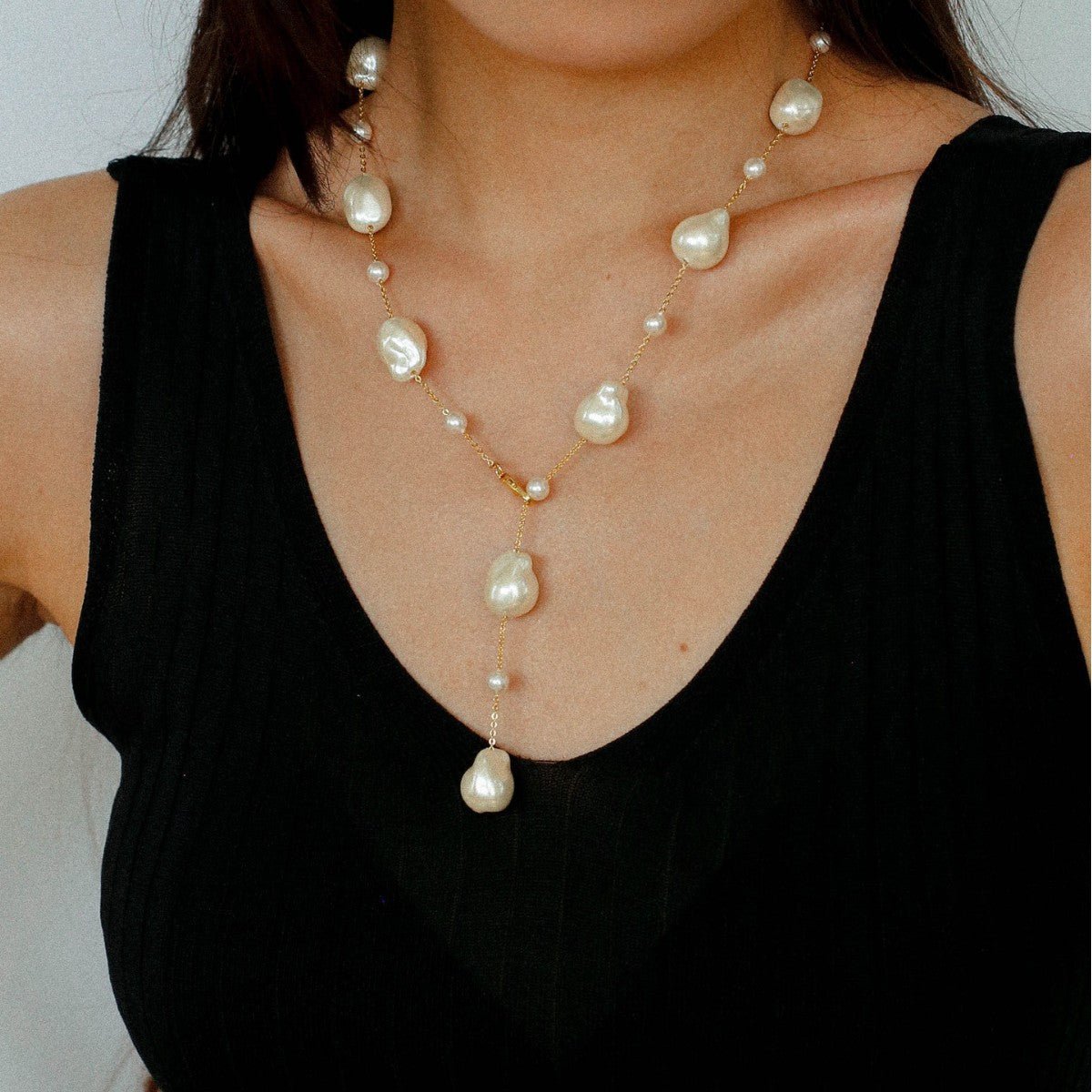 Long Y - shaped Faux Baroque Chain Necklace - floysun