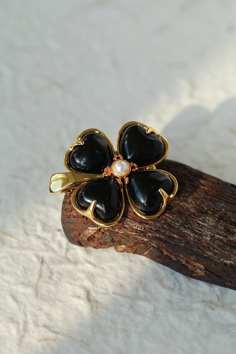 Lucky Clover Black Agate Brooch - floysun