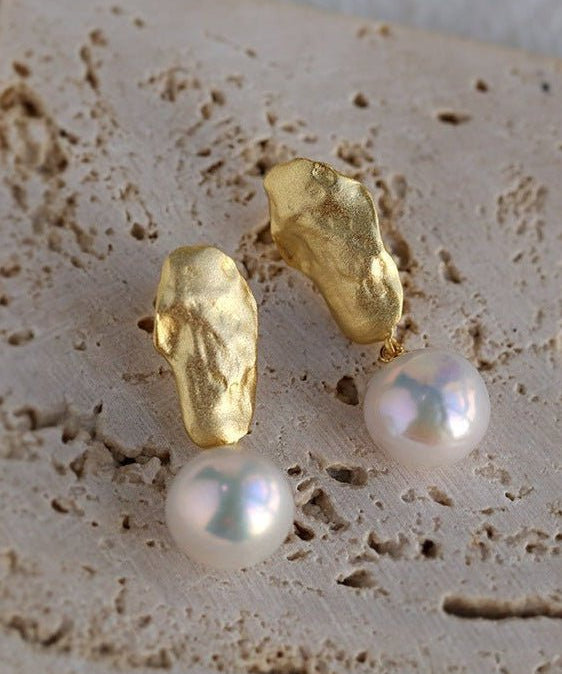 Matte Gold Gilded Baroque Pearl Relief Earrings - floysun