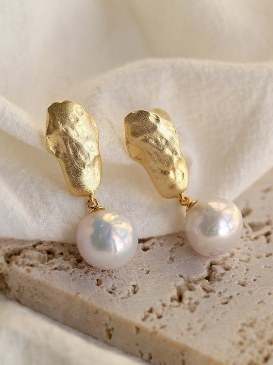 Matte Gold Gilded Baroque Pearl Relief Earrings - floysun