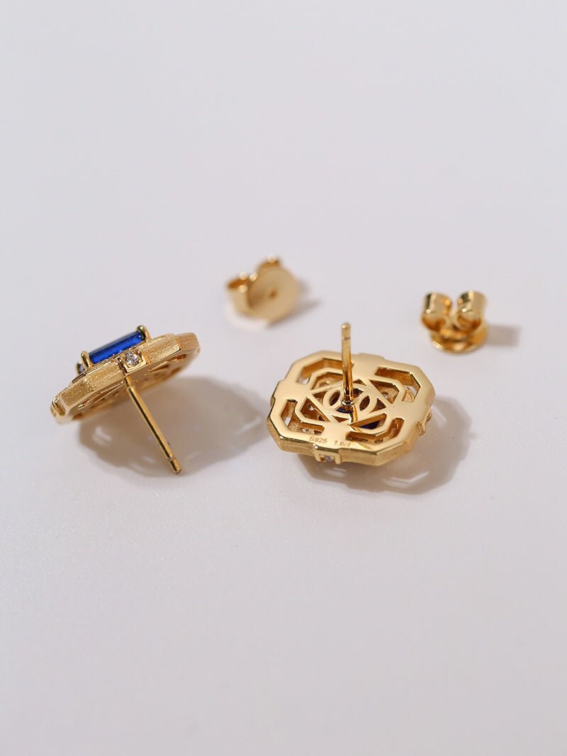 Matte Gold Square Hollow Diamond Wrapped Sapphire Stud Earrings - floysun