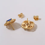 Matte Gold Square Hollow Diamond Wrapped Sapphire Stud Earrings - floysun