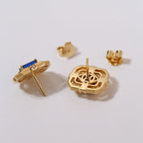 Matte Gold Square Hollow Diamond Wrapped Sapphire Stud Earrings - floysun