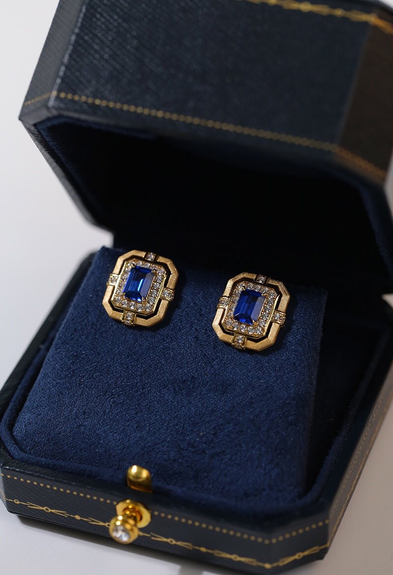 Matte Gold Square Hollow Diamond Wrapped Sapphire Stud Earrings - floysun