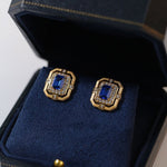 Matte Gold Square Hollow Diamond Wrapped Sapphire Stud Earrings - floysun