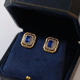 Matte Gold Square Hollow Diamond Wrapped Sapphire Stud Earrings - floysun