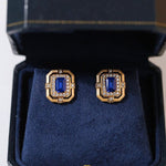 Matte Gold Square Hollow Diamond Wrapped Sapphire Stud Earrings - floysun