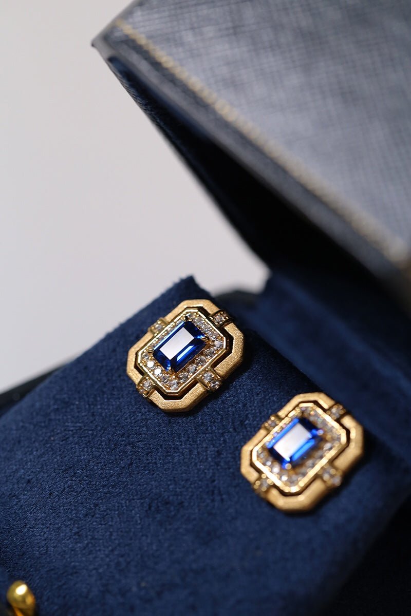 Matte Gold Square Hollow Diamond Wrapped Sapphire Stud Earrings - floysun