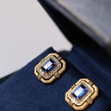 Matte Gold Square Hollow Diamond Wrapped Sapphire Stud Earrings - floysun