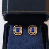 Matte Gold Square Hollow Diamond Wrapped Sapphire Stud Earrings - floysun