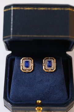 Matte Gold Square Hollow Diamond Wrapped Sapphire Stud Earrings - floysun