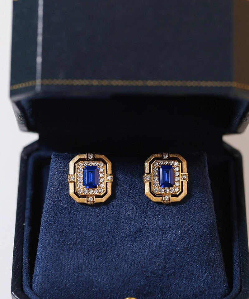 Matte Gold Square Hollow Diamond Wrapped Sapphire Stud Earrings - floysun