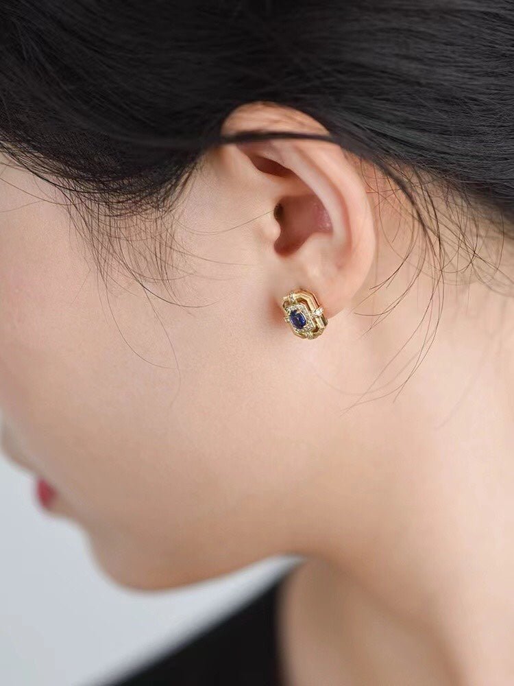 Matte Gold Square Hollow Diamond Wrapped Sapphire Stud Earrings - floysun