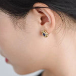 Matte Gold Square Hollow Diamond Wrapped Sapphire Stud Earrings - floysun