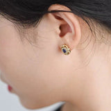 Matte Gold Square Hollow Diamond Wrapped Sapphire Stud Earrings - floysun