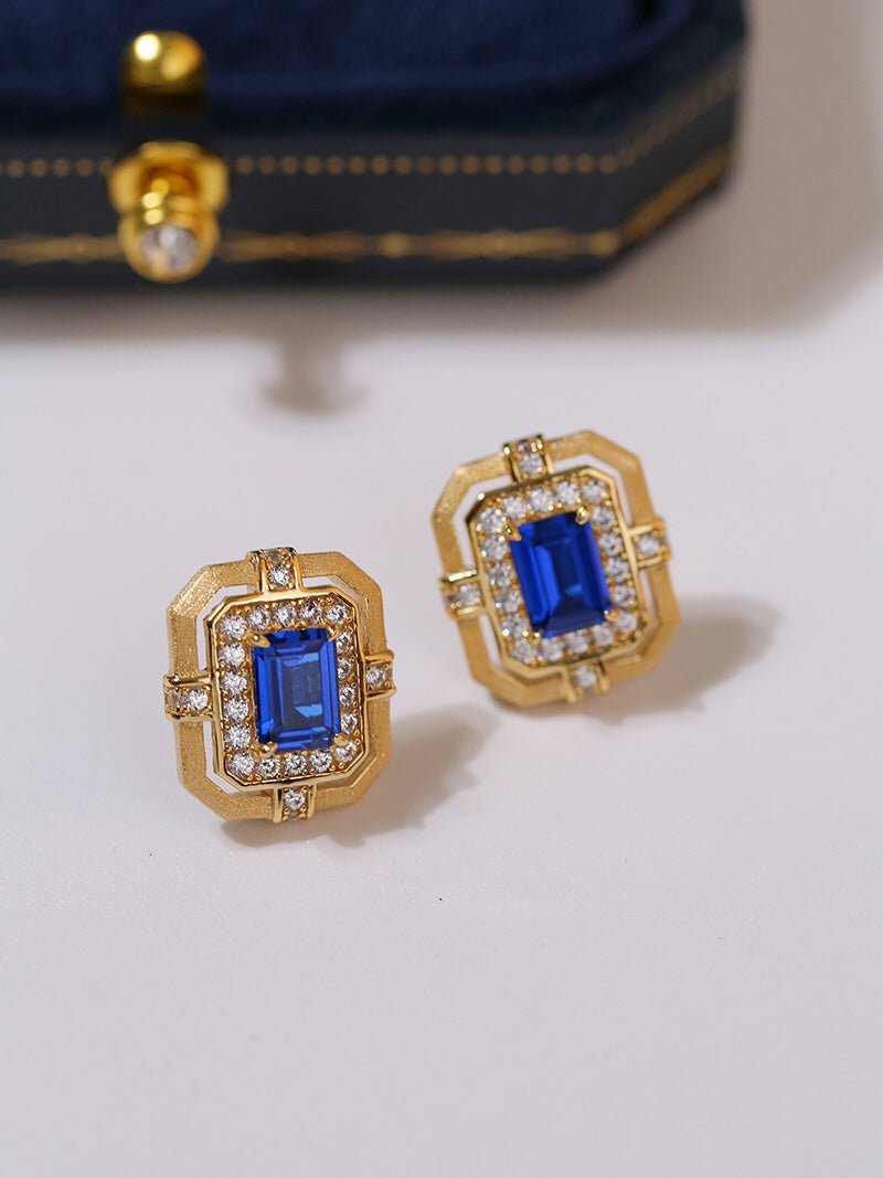 Matte Gold Square Hollow Diamond Wrapped Sapphire Stud Earrings - floysun