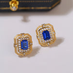 Matte Gold Square Hollow Diamond Wrapped Sapphire Stud Earrings - floysun