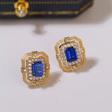 Matte Gold Square Hollow Diamond Wrapped Sapphire Stud Earrings - floysun