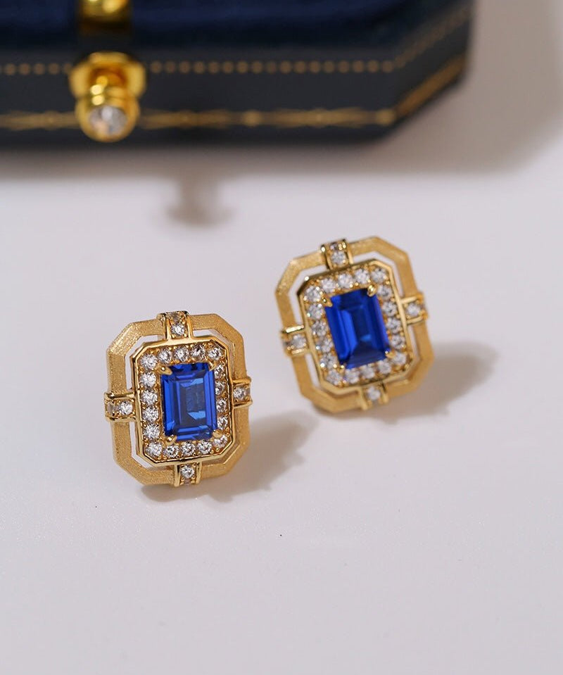 Matte Gold Square Hollow Diamond Wrapped Sapphire Stud Earrings - floysun