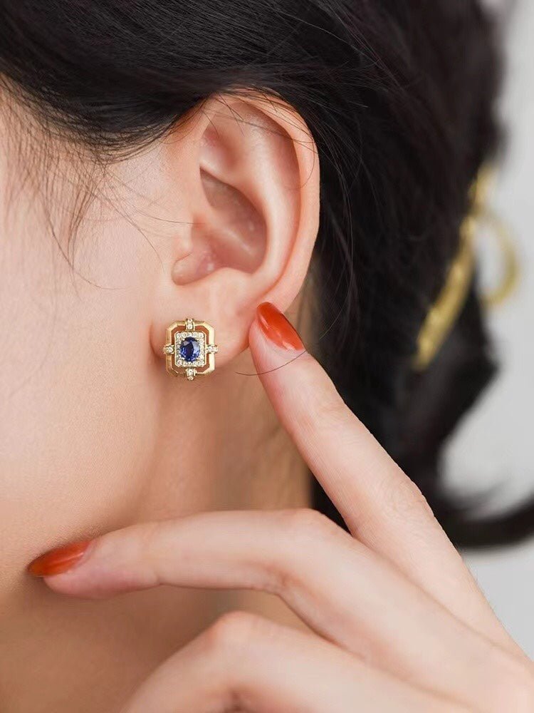 Matte Gold Square Hollow Diamond Wrapped Sapphire Stud Earrings - floysun