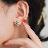 Matte Gold Square Hollow Diamond Wrapped Sapphire Stud Earrings - floysun