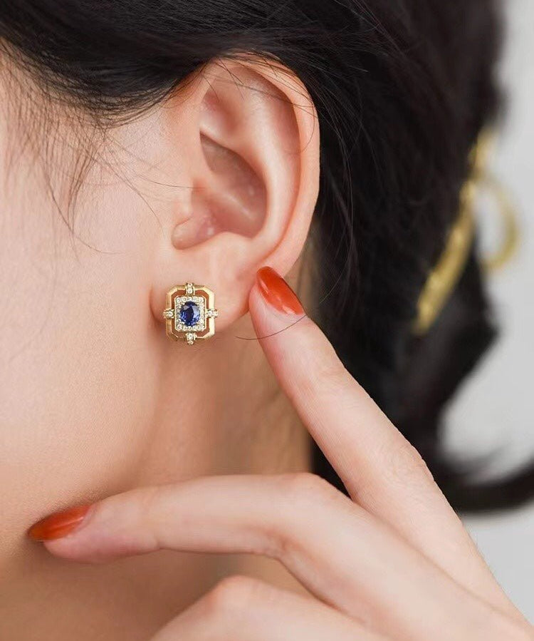 Matte Gold Square Hollow Diamond Wrapped Sapphire Stud Earrings - floysun