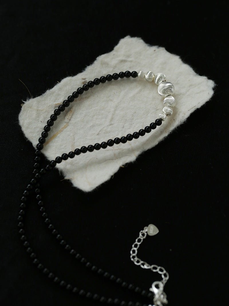 Matte Silver Bead and Black Agate Beaded Necklace - floysun