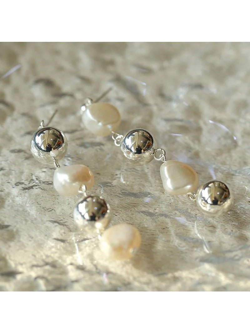 Metal Ball Beaded Spliced Pearl Drop Long Earrings - floysun